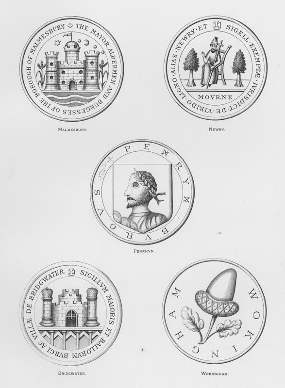 Kamu silahları: Malmesbury; Yeni; Penrhyn; Köprü suyu; Wokingham (gravür) by English School
