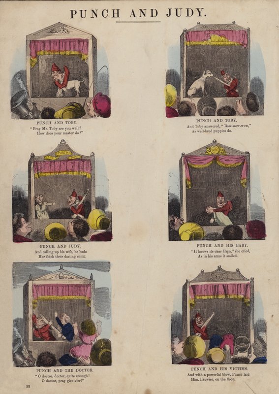 Punch ve Judy Show (renkli gravür) by English School