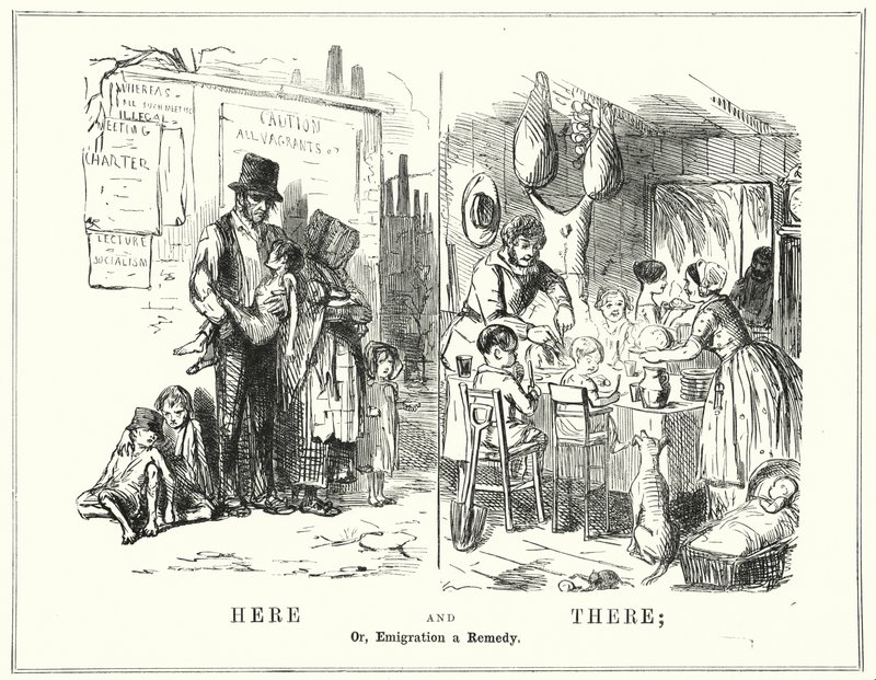 Yumruk karikatürü: Burada ve Orada veya Göç Bir Çözüm (gravür) by English School