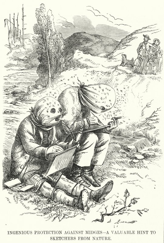 Punch karikatür: Midges'e Karşı Ustaca Koruma - Eskizciler için Doğadan Değerli Bir İpucu (gravür) by English School