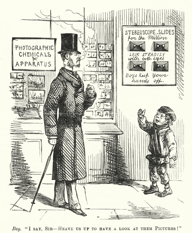 Punch karikatür: bir fotoğraf dükkanının dışındaki çocuk, stereoskopik slaytlara bakabilmesi için kaldırılmasını istiyor (gravür) by English School