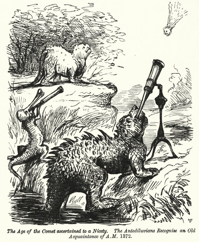 Punch karikatür: kuyruklu yıldızı izleyen dinozorlar (gravür) by English School