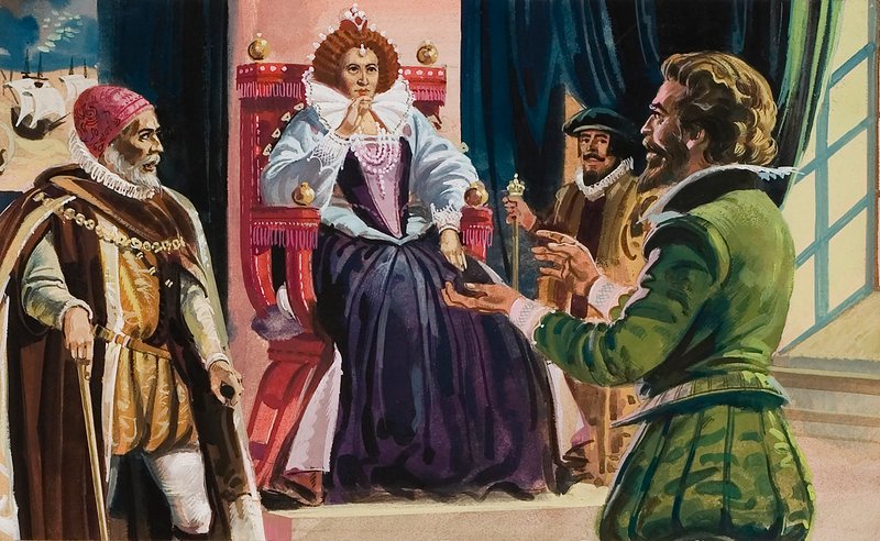 Kraliçe I. Elizabeth (1533-1603) ve Sir Francis Drake (1540-96) (kağıt üzerine guaj) by English School