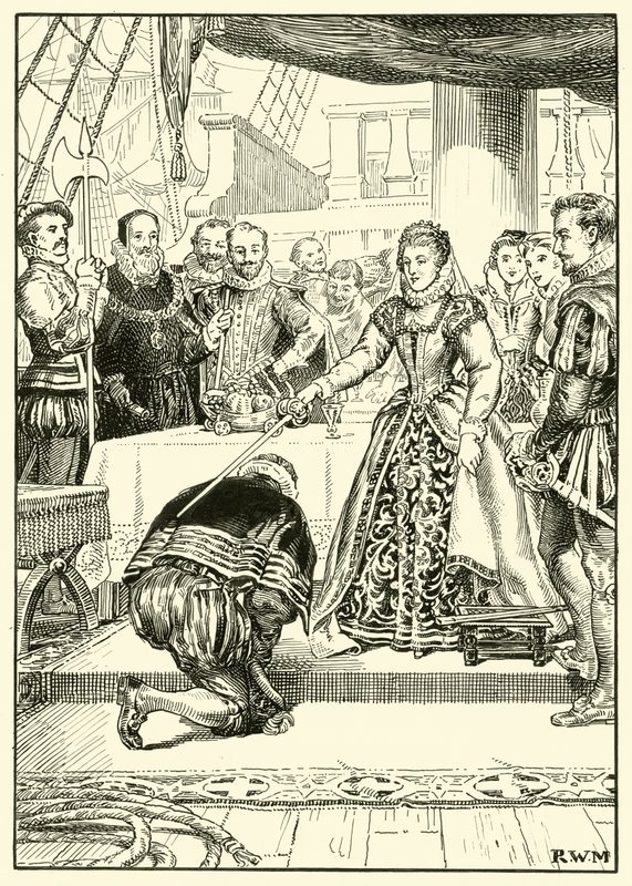 Kraliçe Elizabeth Altın Hind Gemisinde (kağıt üzerine mürekkep) by English School