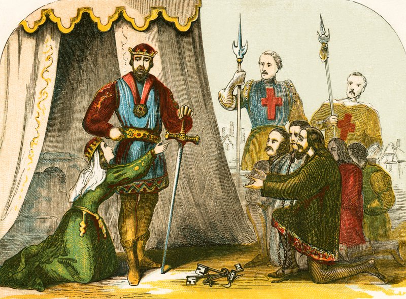 Kraliçe Philippa Calais Burgesses için aracılık ediyor by English School