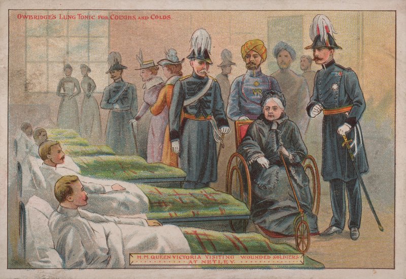 Kraliçe Victoria, Hampshire, Netley Hastanesinde yaralı İngiliz askerlerini ziyaret ediyor, 1898 by English School