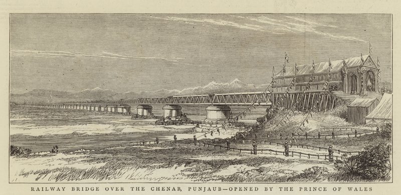 Galler Prensi tarafından açılan Chenab, Pencap üzerindeki Demiryolu Köprüsü (gravür) by English School