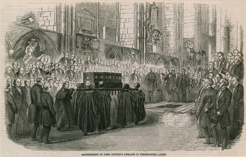 John Hunters'ın yeniden gömülmesi Westminster Abbey, Londra'da kaldı by English School