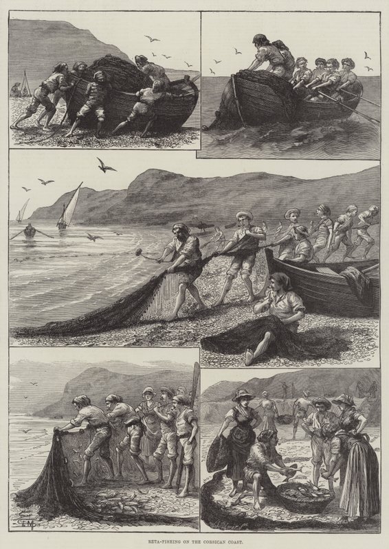 Korsika Kıyısında Yeniden Balık Tutma (gravür) by English School
