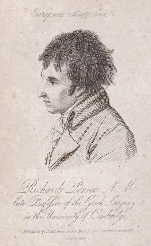 Richard Porson, İngiliz bilim adamı, Cambridge'deki Trinity College'da Yunanca Profesörü (gravür) by English School