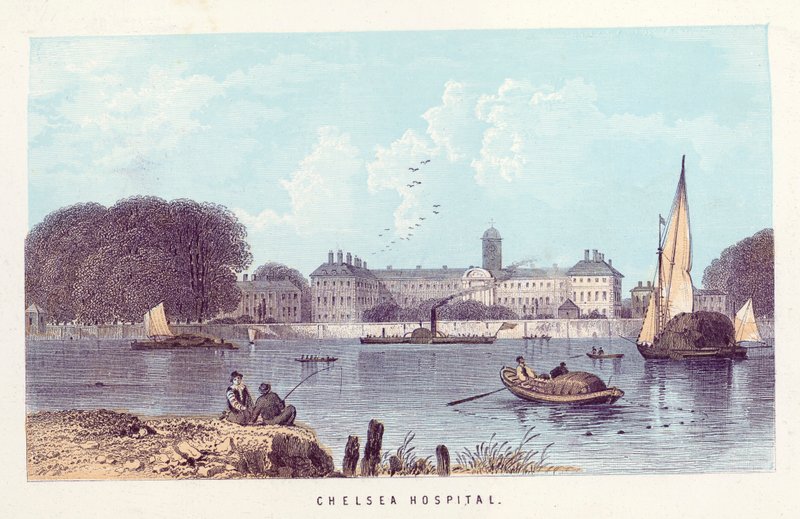 Thames Nehri: Chelsea Hastanesi (renkli gravür) by English School