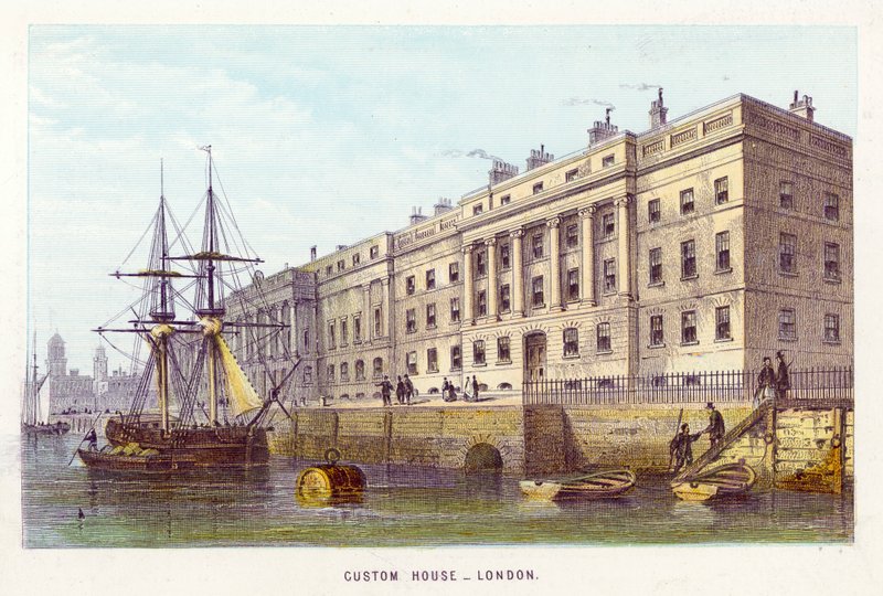 Thames Nehri: Custom House, Londra (renkli gravür) by English School