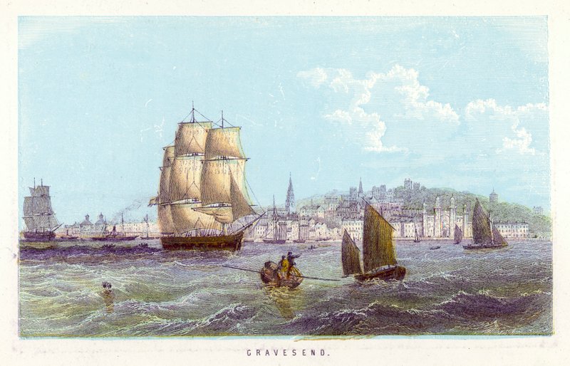 Thames Nehri: Gravesend (renkli gravür) by English School