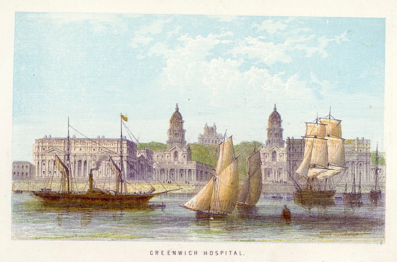 Thames Nehri: Greenwich Hastanesi (renkli gravür) by English School