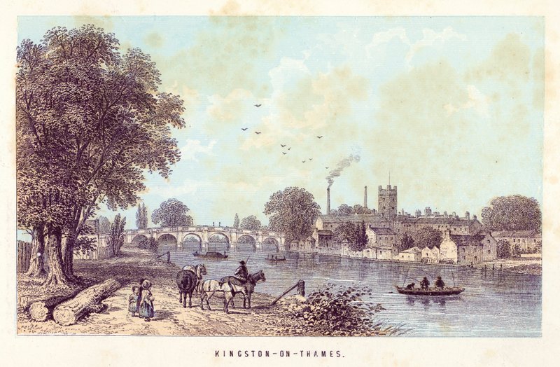 Thames Nehri: Kingston-on-Thames (renkli gravür) by English School
