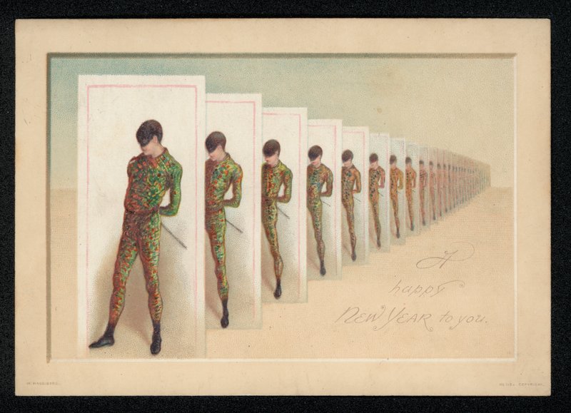 Maskeli bir adam resmi olan bir dizi kart, Yeni Yıl tebrik kartı (chromolitho) by English School