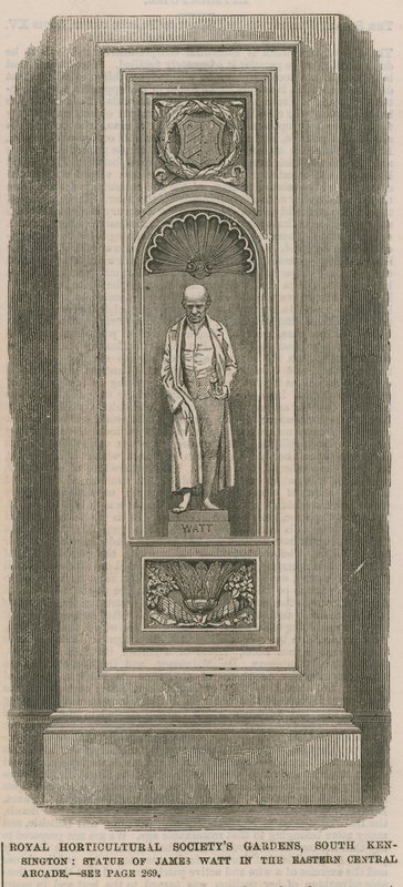 Kraliyet Bahçıvanlık Cemiyetleri bahçeleri, South Kensington: doğu orta çarşıda James Watt heykeli by English School