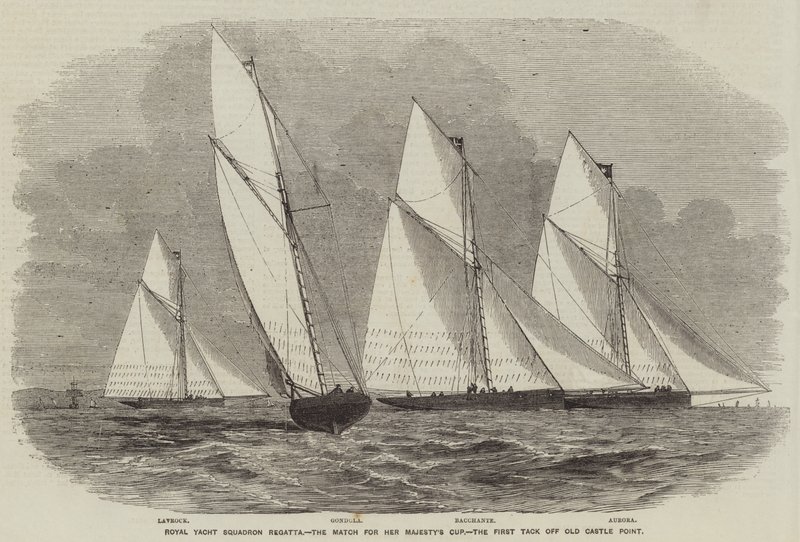 Royal Yacht Squadron Regatta, Majestelerinin Kupası Maçı, Eski Kale Noktasından İlk Tack Off (gravür) by English School