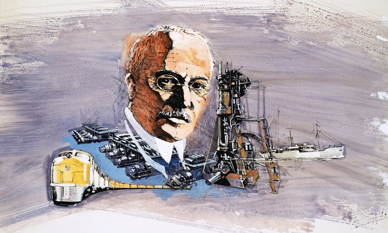 Rudolf Diesel, trenlerin, teknelerin ve rıhtımların arka planına karşı by English School