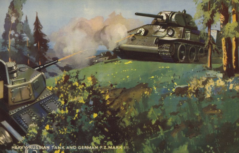 Rus ağır tankı ve Alman Panzer III, II. Dünya Savaşı (renkli taş) by English School