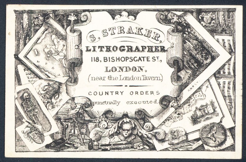S Straker, litograf, ticaret kartı by English School