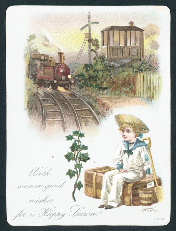 Tren bekleyen denizci çocuk, Noel kartı by English School