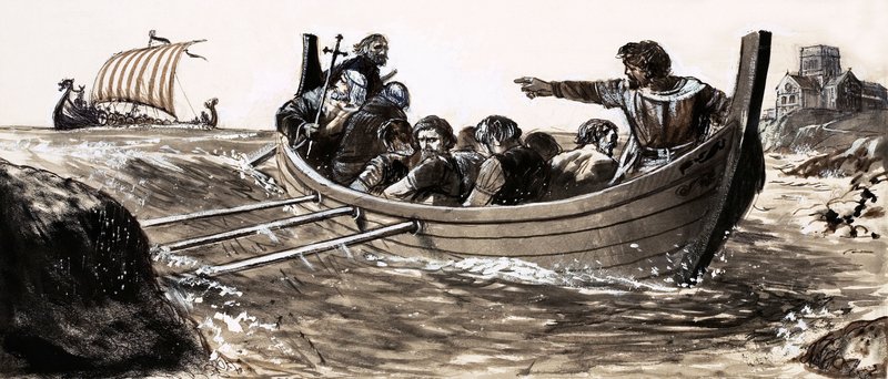Aziz Malo yağmacı Vikinglerden kaçar (kağıt üzerinde guaj boya) by English School
