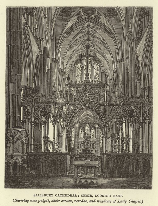 Salisbury Katedrali, koro, doğuya bakıyor, yeni minber, koro ekranı, tekrarları ve Lady Chapel