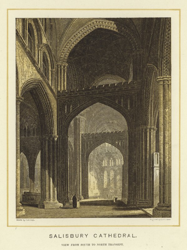 Salisbury Katedrali, güneyden kuzeye geçiş görünümü by English School
