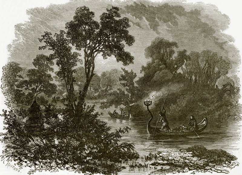 Salteaux Indians fire-fishing by English School