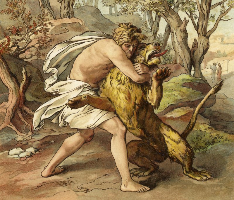 Samson genç bir aslanı öldürüyor by English School
