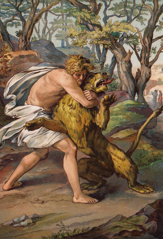 Samson aslanı öldürüyor (chromolitho) by English School