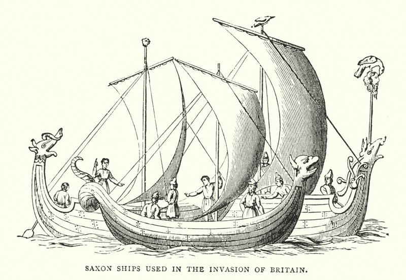 Britanya'nın işgalinde kullanılan Sakson Gemileri (renkli gravür) by English School