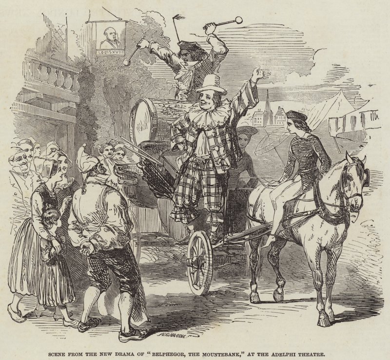Adelphi Tiyatrosu'ndaki "Belphegor, The Mountebank"ın Yeni Dramasından bir sahne (gravür) by English School