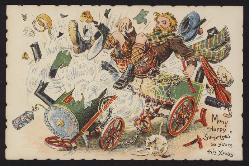 Patlayan bir buhar motoruna (chromolitho) binen İskoç by English School