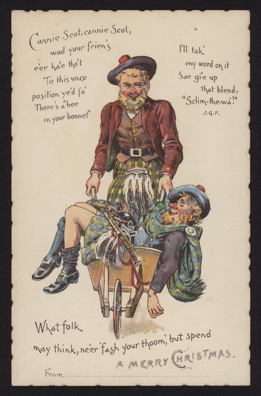 İskoç sarhoş arkadaşını bir el arabasıyla eve götürüyor (chromolitho) by English School