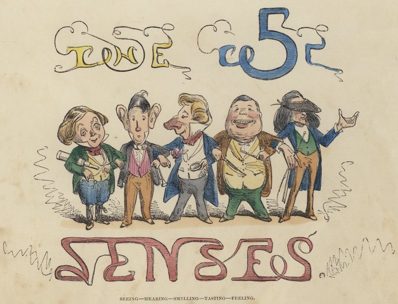 Görme, İşitme, Koklama, Tatma, Hissetme (renkli gravür) by English School