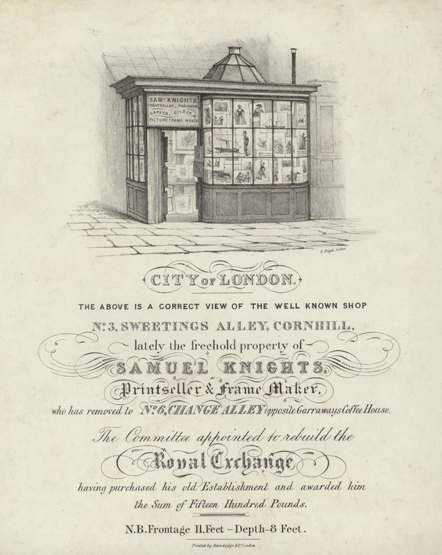 Samuel Knights Mağazası, matbaacı ve çerçeve üreticisi, 3 Sweetings Alley, Cornhill, Londra Şehri by English School