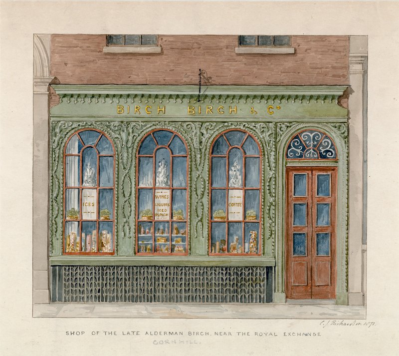 Kraliyet Borsası yakınlarındaki geç Alderman Birch'ün dükkanı. 1871 (kağıt üzerinde wc) by English School