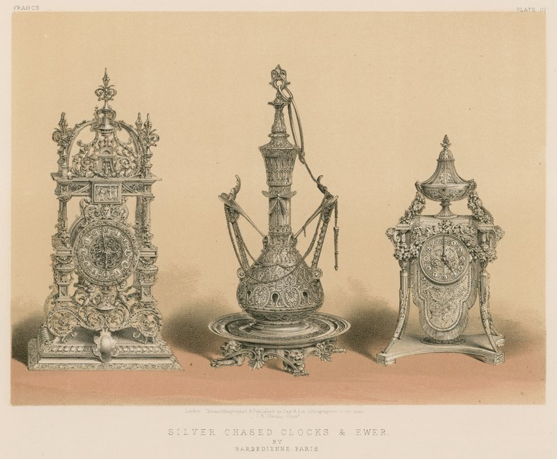 Barbedienne, Paris tarafından Gümüş Kovalanmış Saatler ve Ewer by English School
