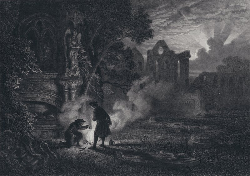 Sir Arthur ve Dousters, St Ruth harabelerinde dönüyor (gravür) by English School