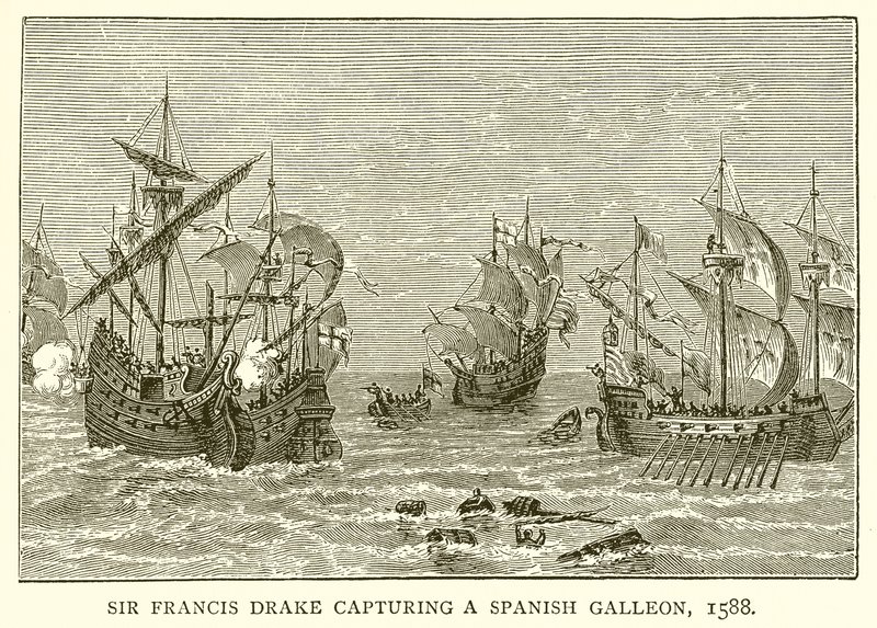 Sir Francis Drake bir İspanyol Kalyonunu ele geçiriyor, 1588 by English School