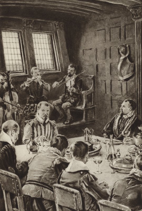 Sir Francis Drake, dining on The Golden Hind to the sound of violins  by English School