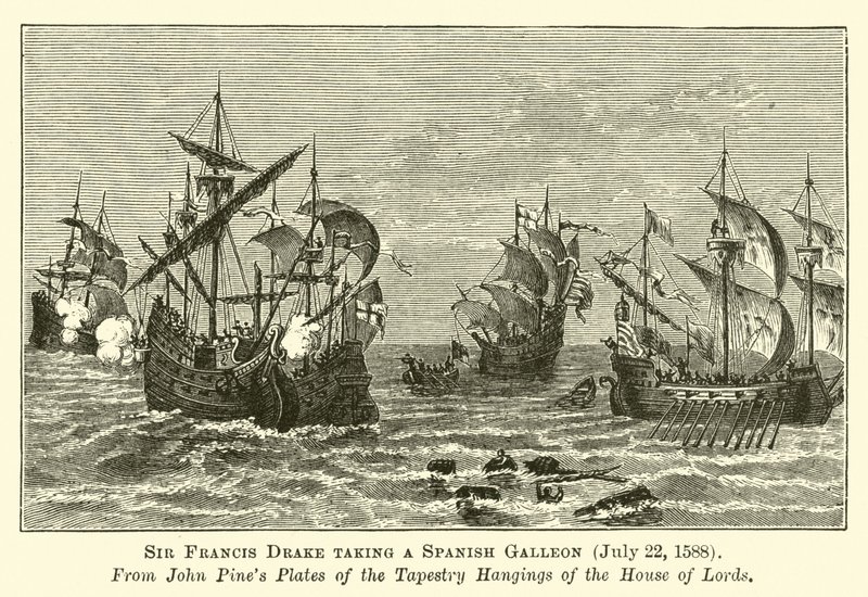 Sir Francis Drake bir İspanyol Kalyonu alarak, 22 Temmuz 1588 by English School