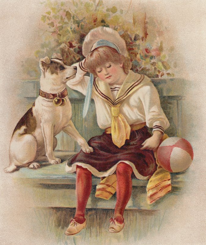 Uyuyan kız ve köpeği (chromolitho) by English School