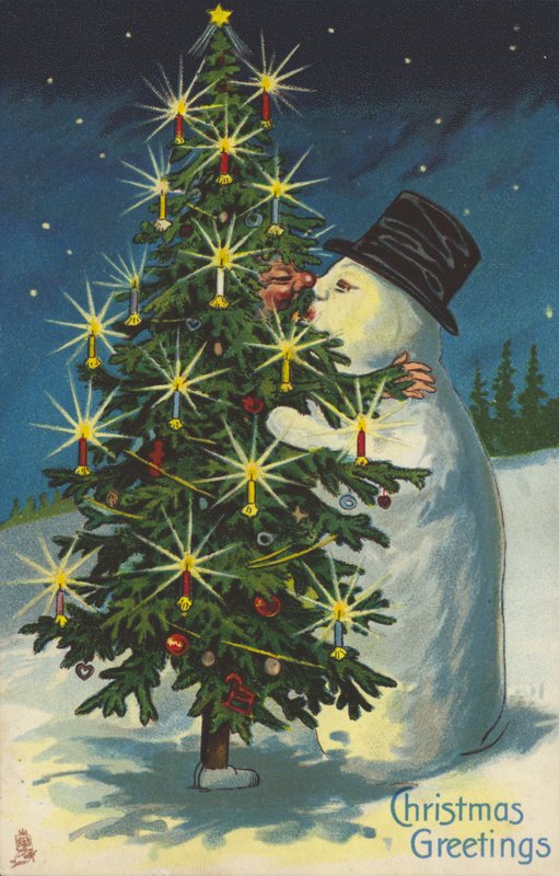 Kardan adam ve Noel ağacı öpüşme (chromolitho) by English School