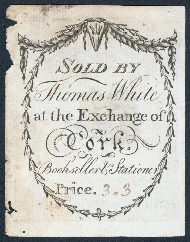 Thomas White tarafından Cork Borsasında satılır, kitapçı ve kırtasiyeci, ticaret kartı by English School