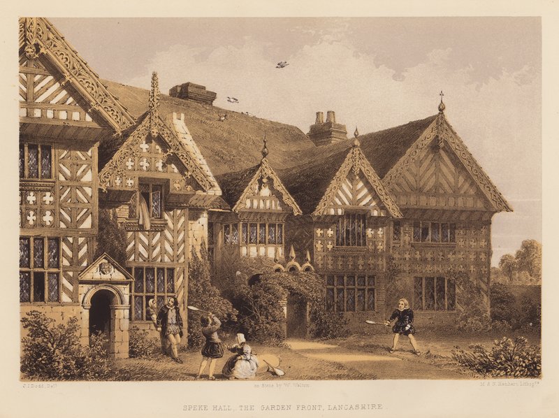 Speke Hall, Bahçe Cephesi, Lancashire (aquatint) by English School