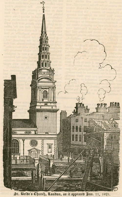 St Brides Kilisesi, Fleet Street, Londra, göründüğü şekliyle 11 Ocak 1825 by English School