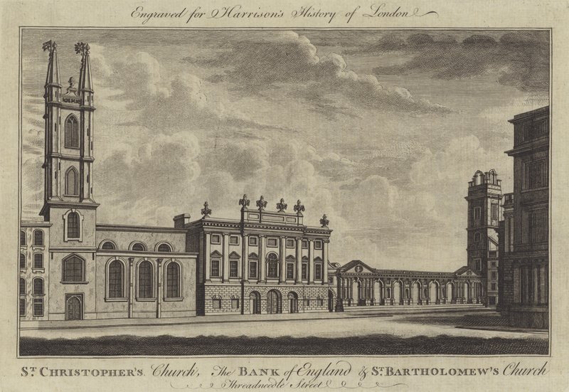 St Christopher Kilisesi, İngiltere Bankası ve St Bartholomew Kilisesi, Threadneedle Caddesi (gravür) by English School